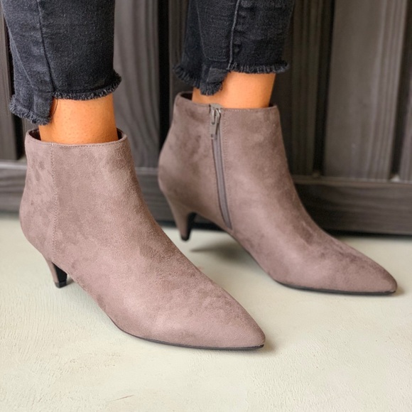 Smoke Gray Kitten Heel Pointy Toe Ankle Booties - Picture 3 of 5